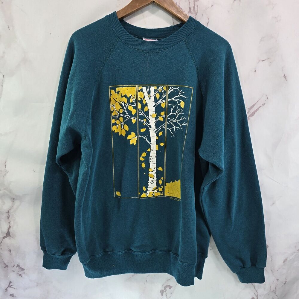 Vintage Sweatshirt Women XL Blue Aspen Poplar Birch Tree Nature Colorado Montana